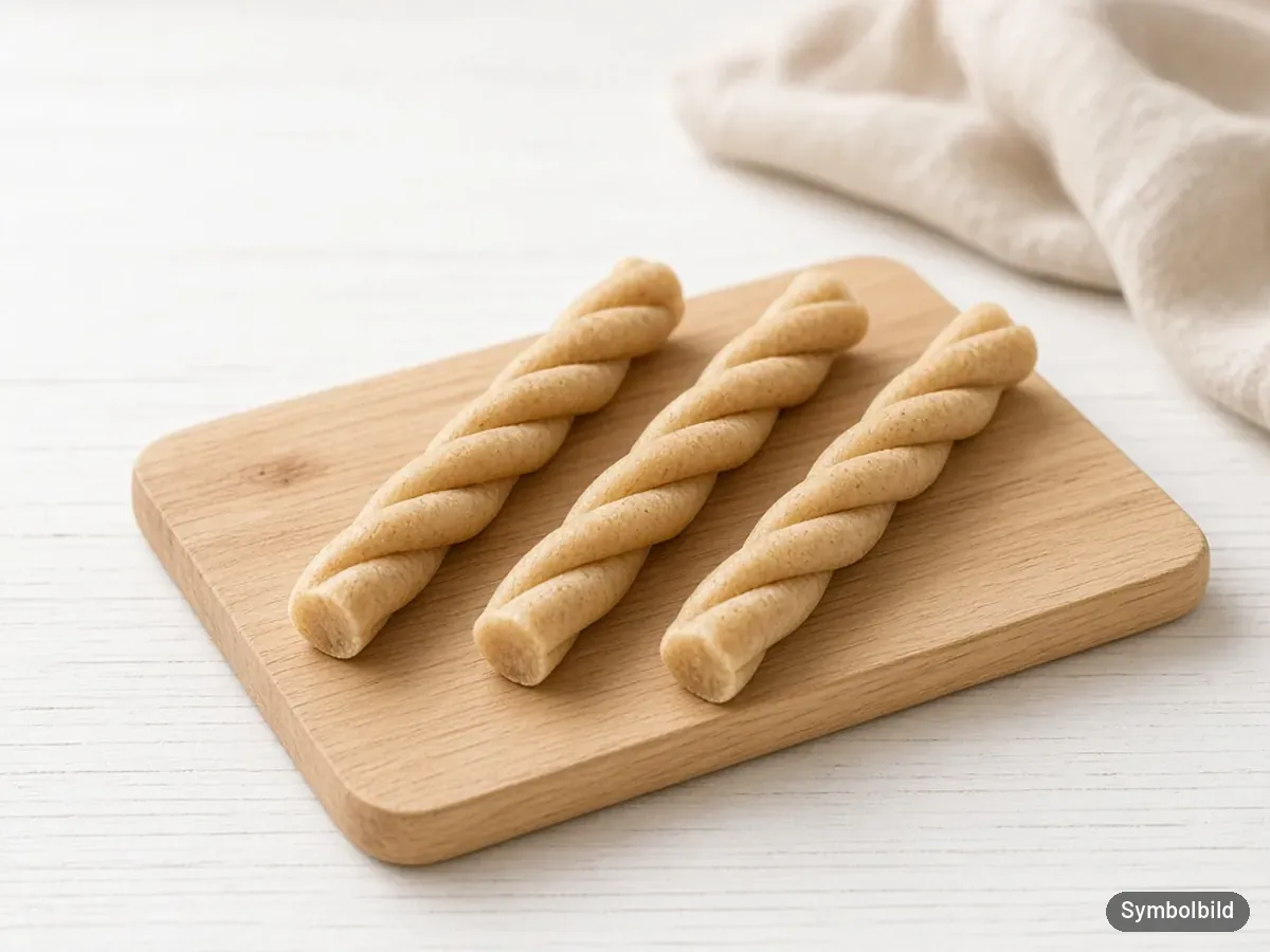 Drei gedrehte Zahnpflege-Kausnacks für Hunde auf einem Holzbrett – Symbolbild zum Test Pedigree Dentastix Daily Oral Care Medium