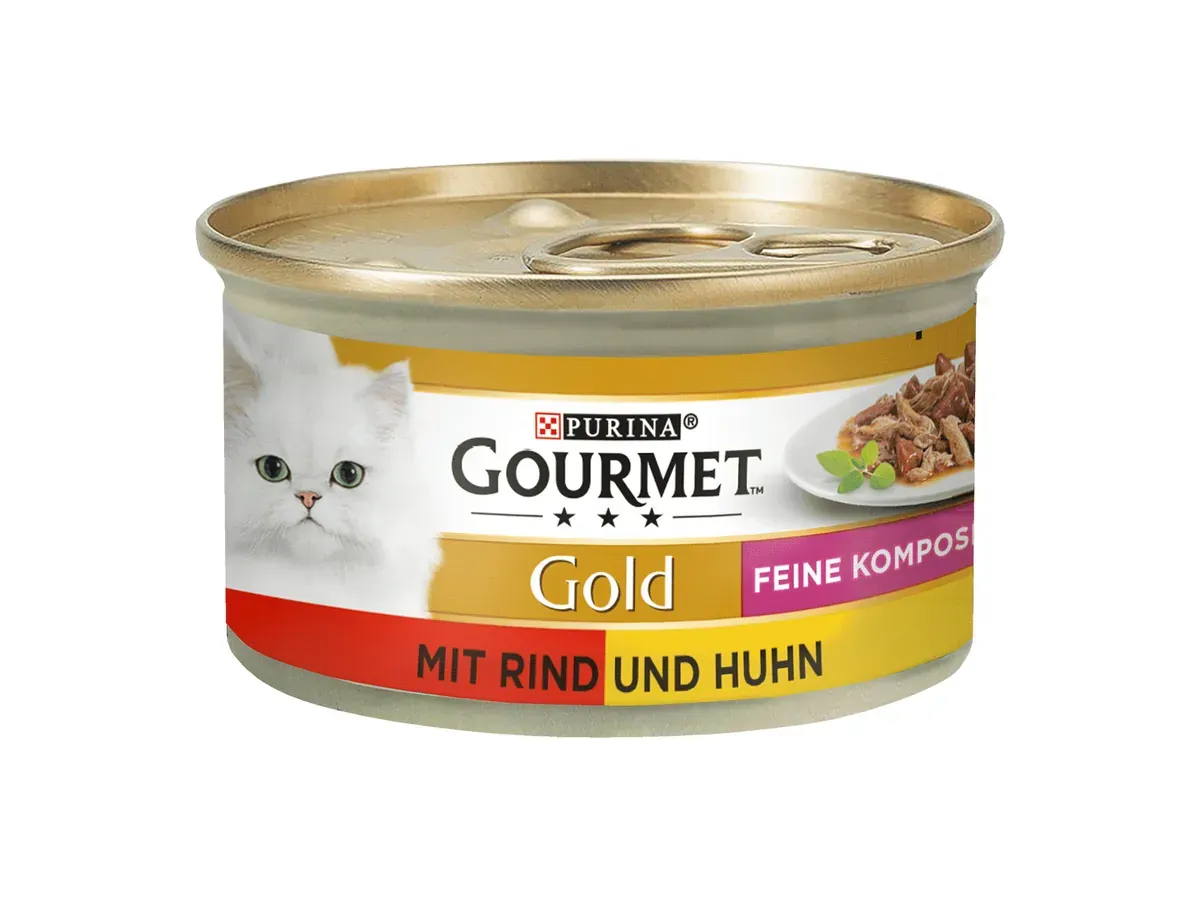Dose Gourmet Gold Feine Komposition mit Rind und Huhn, 85 g, Vorderansicht (Bild: Hersteller)
