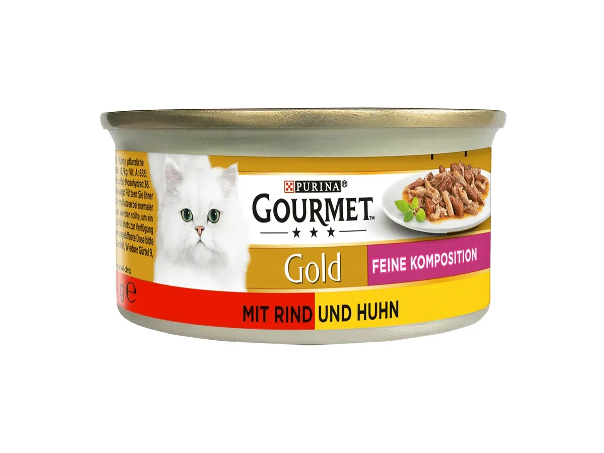 Dose Gourmet Gold Feine Komposition mit Rind und Huhn, Seitenansicht (Bild: Hersteller)