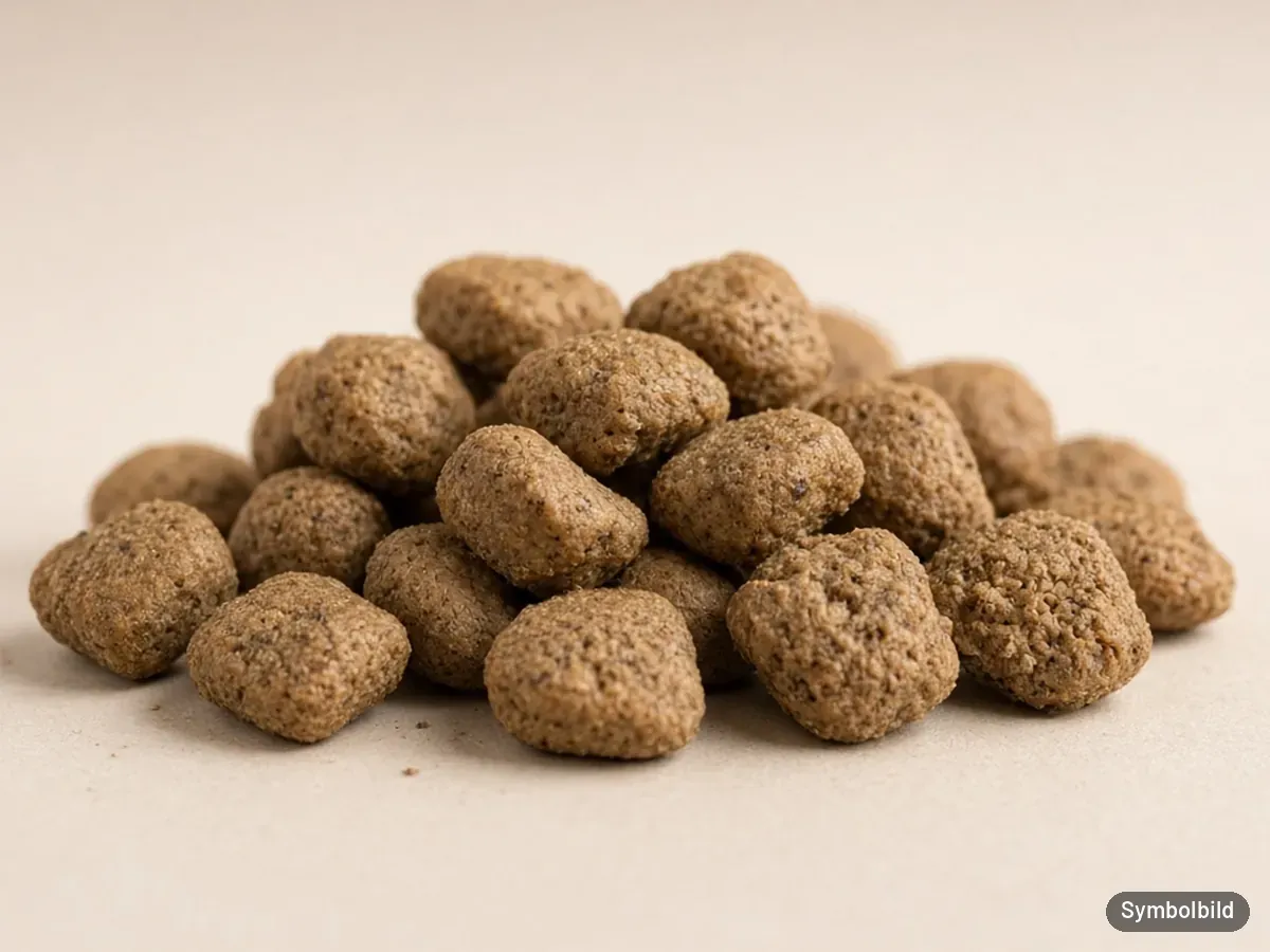 Nahaufnahme brauner Katzen-Trockenfutter-Kroketten auf hellem Untergrund – Symbolbild zum Test Royal Canin Indoor 27