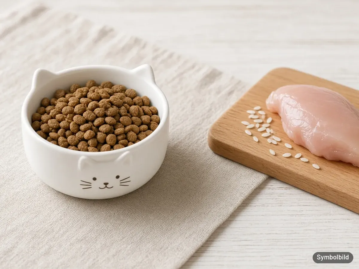 Katzen-Trockenfutter im weißen Katzennapf, daneben Hähnchenbrust und Reis – Symbolbild zum Test Royal Canin Indoor 27