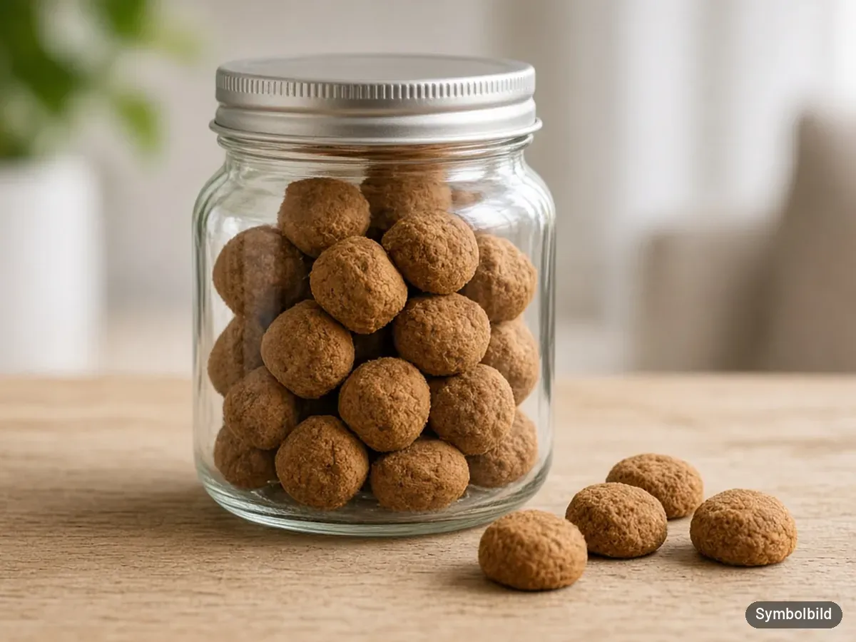 Symbolbild: unbeschriftetes Glas mit weichen Hunde-Drops auf einem Holztisch – nicht die Originalverpackung der Tierliebhaber Analdrüsen Drops