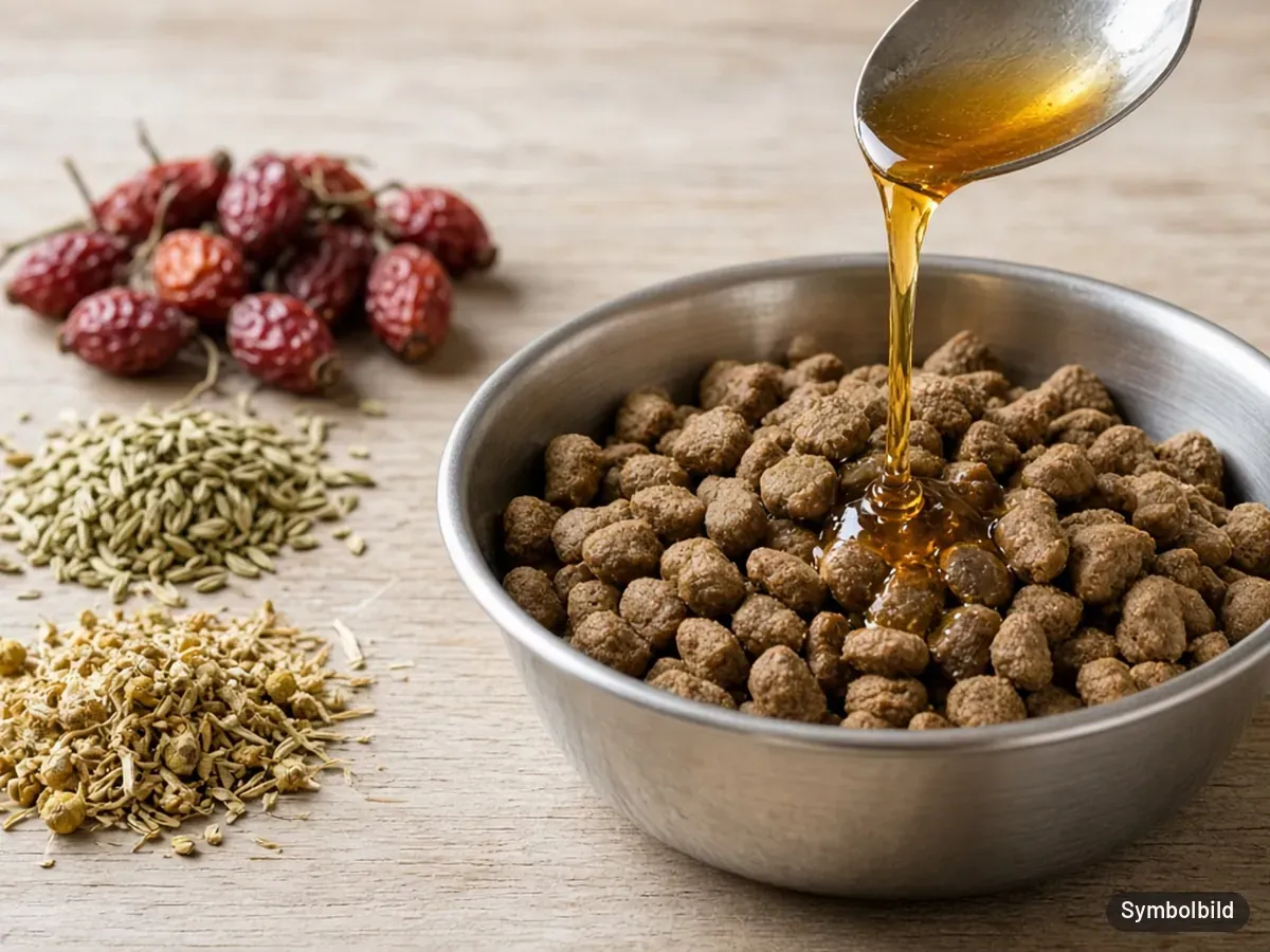 Symbolbild: Kräutersaft wird über Hundefutter geträufelt, daneben Kamille, Fenchel und Hagebutten – nicht das Originalprodukt