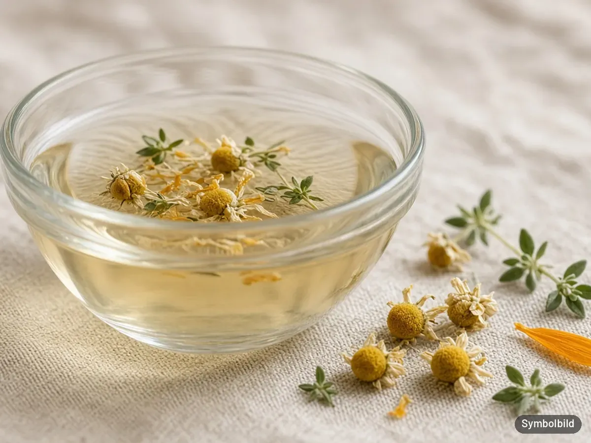 Symbolbild: Glasschälchen mit Kräuterflüssigkeit und Kamillenblüten – nicht das Originalprodukt