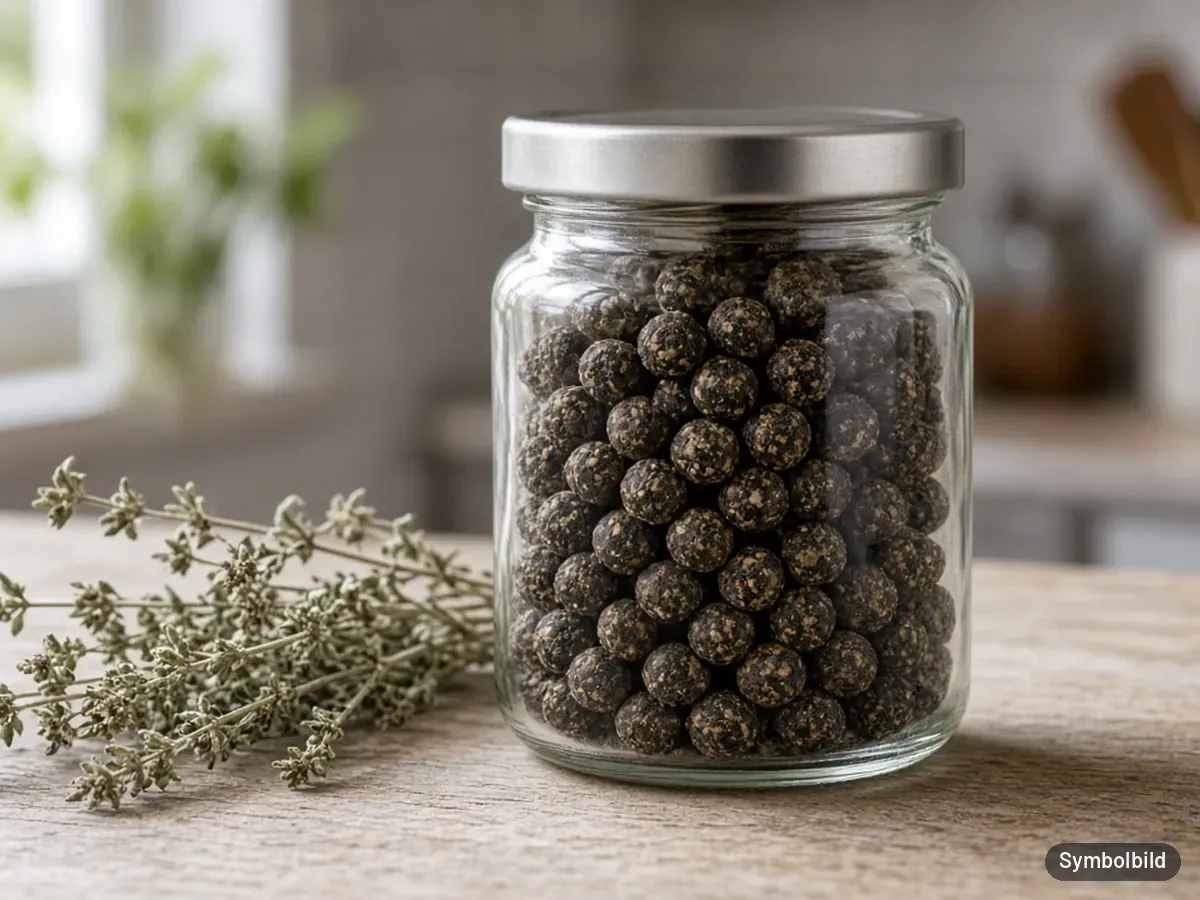 Symbolbild: unbeschriftetes Glas mit dunklen Hunde-Drops und getrockneten Kräutern – nicht die Originalverpackung des Tierliebhaber G-Snacks