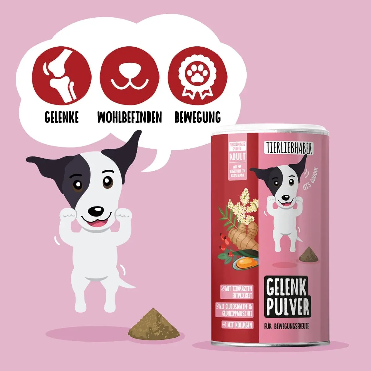 Gelenk Pulver mit Dose, Pulverhäufchen und gezeichnetem Hund mit Symbolen für Gelenke, Wohlbefinden und Bewegung (Herstellergrafik)