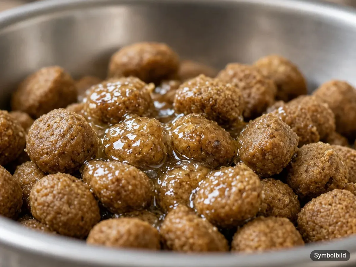 Symbolbild: klare, leicht gelbliche Flüssigkeit auf Hunde-Trockenfutter im Edelstahlnapf – nicht das Originalprodukt