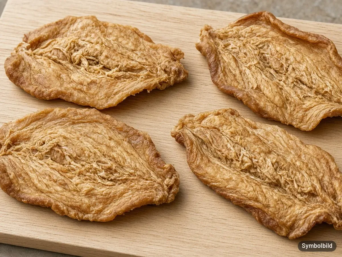 Symbolbild: Vier getrocknete Hähnchenbrustfilets auf einem Holzbrett – nicht die Originalverpackung des Tierliebhaber Hähnchenbrustfilets