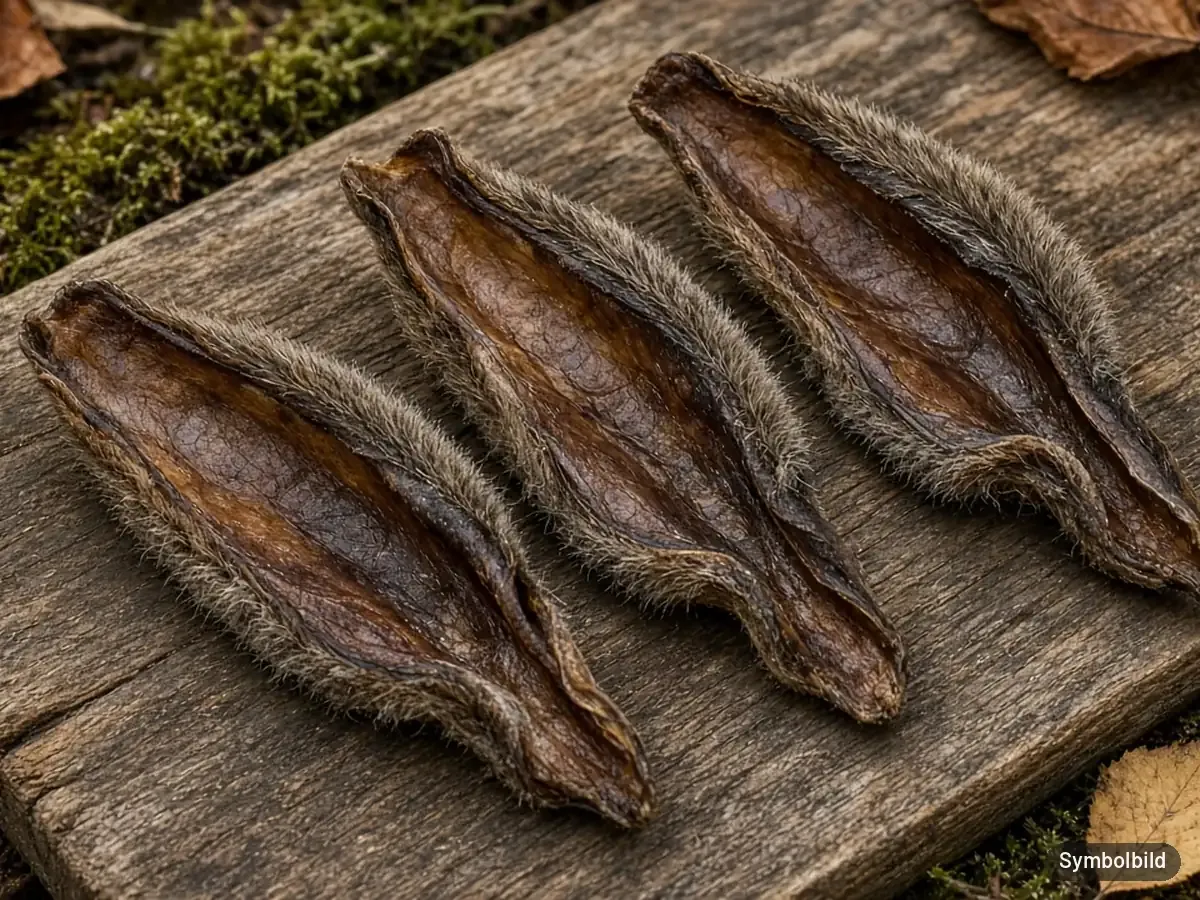 Symbolbild: Drei getrocknete Hirschohren mit Fell auf einem alten Holzbrett mit Moos und Laub – nicht die Originalverpackung der Tierliebhaber Hirschohren mit Fell