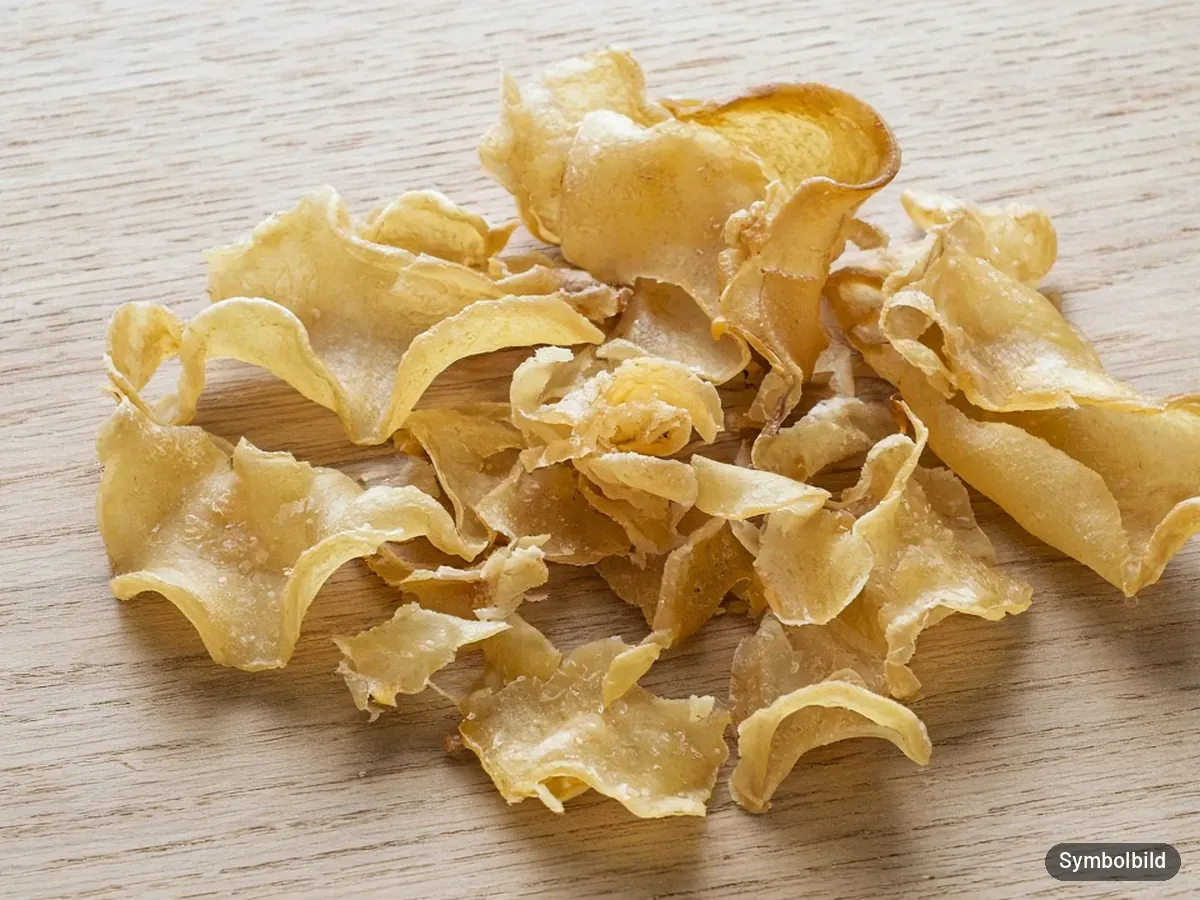Symbolbild: Eine Handvoll getrockneter, gewellter Lammhaut-Stücke auf einem Holzbrett – nicht die Originalverpackung der Tierliebhaber Lammkopfhaut