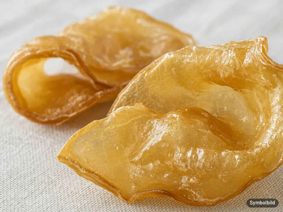 Symbolbild: Nahaufnahme zweier eingerollter, goldgelber getrockneter Lammhaut-Stücke – nicht das Originalprodukt