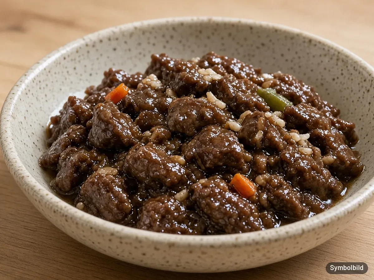 Symbolbild: dunkles Fleisch-Nassfutter mit wenigen Reiskörnern und Gemüsestückchen im Hundenapf – nicht das Originalprodukt