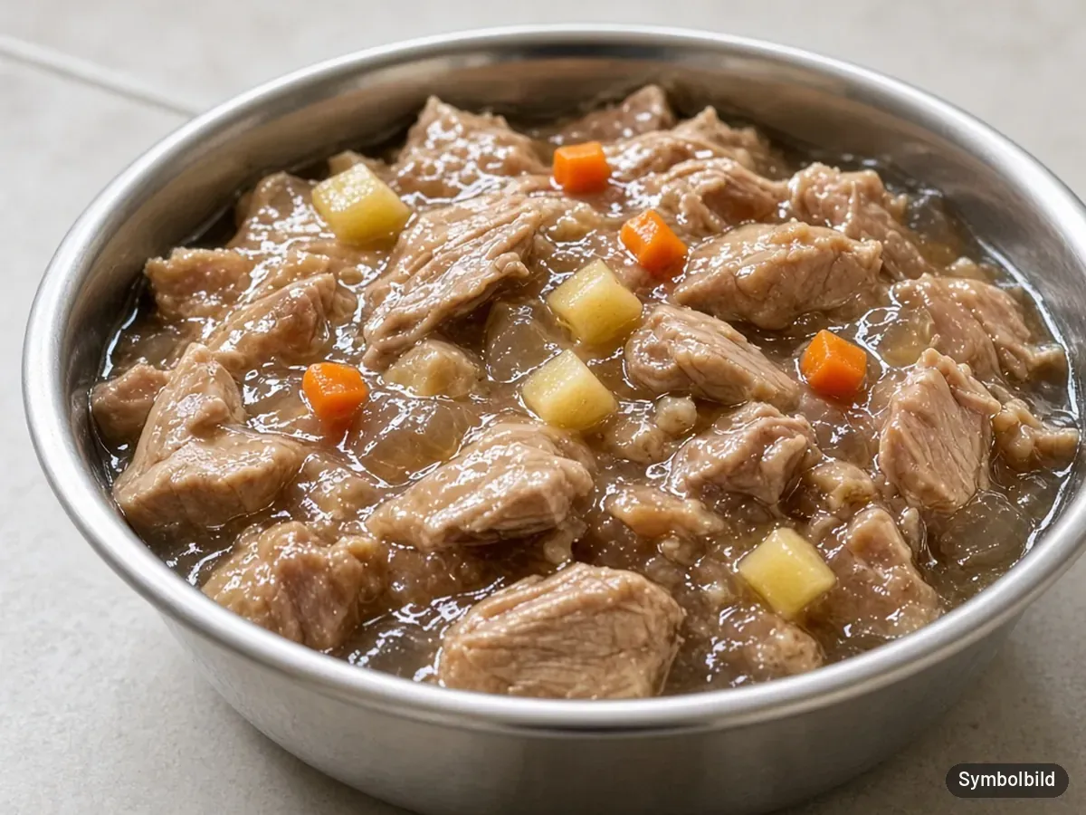 Symbolbild: helles Fleisch-Nassfutter in Gelee mit einzelnen Gemüse- und Birnenstückchen im Hundenapf – nicht das Originalprodukt