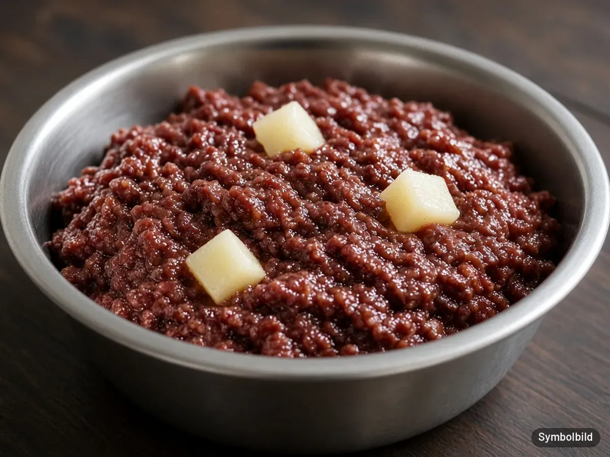 Symbolbild: dunkles Fleisch-Nassfutter mit wenigen Kartoffelwürfeln im Hundenapf – nicht das Originalprodukt