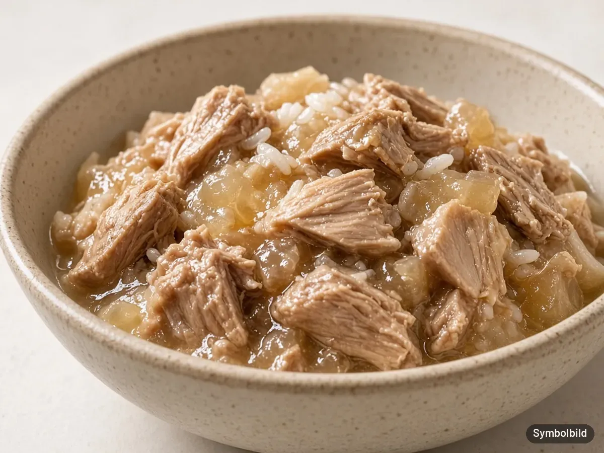 Symbolbild: helles Fleisch-Nassfutter in Gelee mit einzelnen Reiskörnern im Hundenapf – nicht das Originalprodukt