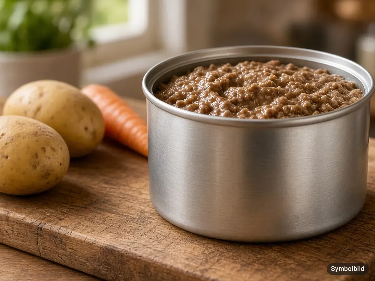 Symbolbild: geöffnete unbeschriftete Futterdose neben Kartoffeln und einer Karotte – nicht die Originalverpackung