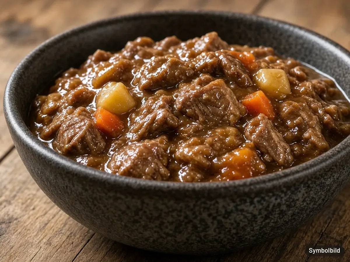 Symbolbild: Fleisch-Nassfutter mit einzelnen Kartoffel- und Karottenstückchen im Hundenapf – nicht das Originalprodukt