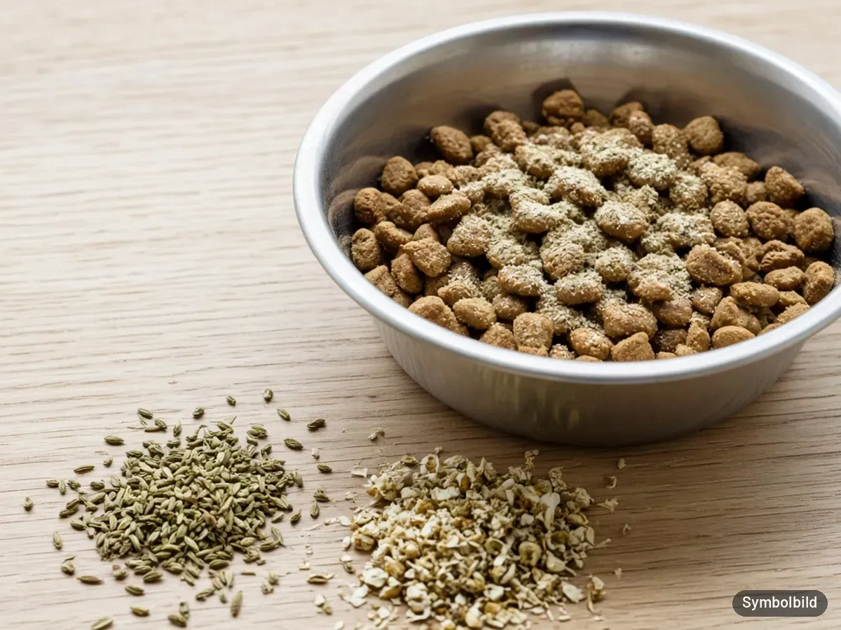Symbolbild: Kräuterpulver über Hundefutter im Napf gestreut, daneben Fenchelsamen und Kamille – nicht das Originalprodukt