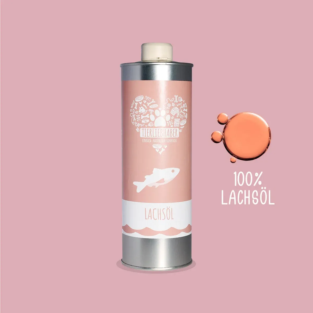 Flasche des Tierliebhaber Premium Lachsöls mit einem Öltropfen und der Aufschrift „100% Lachsöl“ (Herstellergrafik)