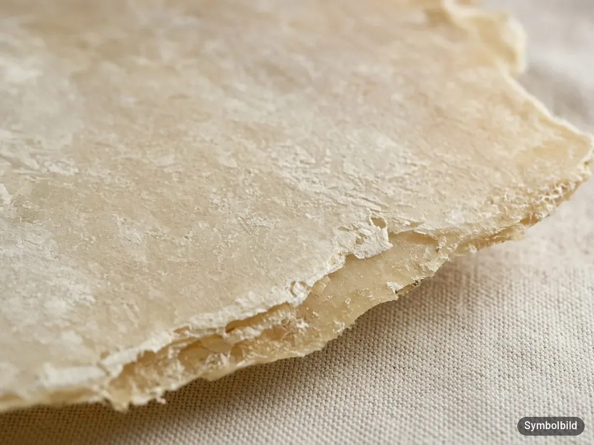 Symbolbild: Nahaufnahme der gerissenen Kante einer getrockneten Rinderhaut-Platte – nicht das Originalprodukt