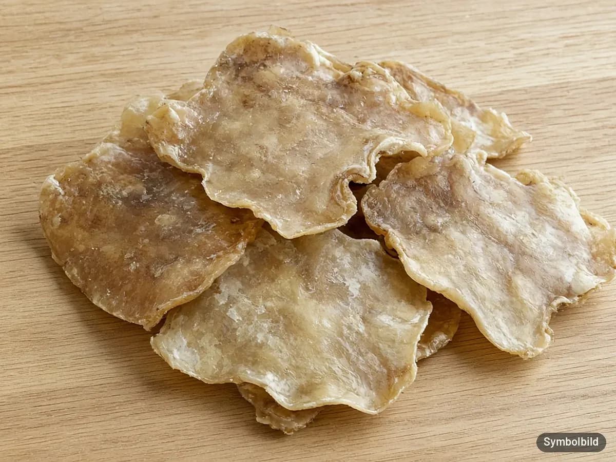 Symbolbild: Gestapelte getrocknete Rinderhaut-Platten auf einem Holztisch – nicht die Originalverpackung der Tierliebhaber Rinderkopfhautplatte