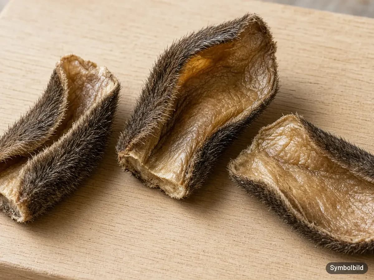Symbolbild: Drei getrocknete Rinderohren mit Fell auf einem Holzbrett – nicht die Originalverpackung der Tierliebhaber Rinderohren mit Fell