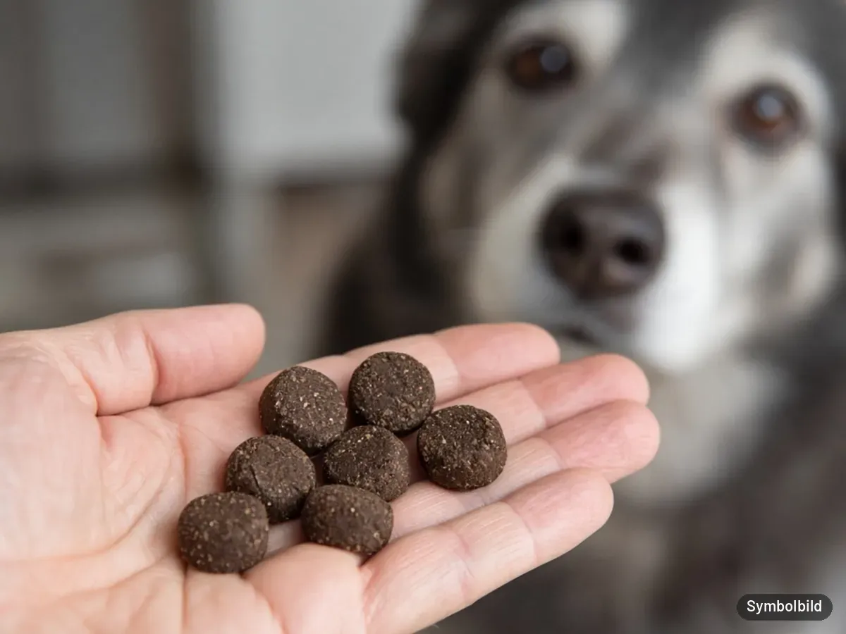 Symbolbild: dunkelbraune Kau-Drops in einer offenen Hand, dahinter ein älterer Hund mit grauer Schnauze – nicht das Originalprodukt