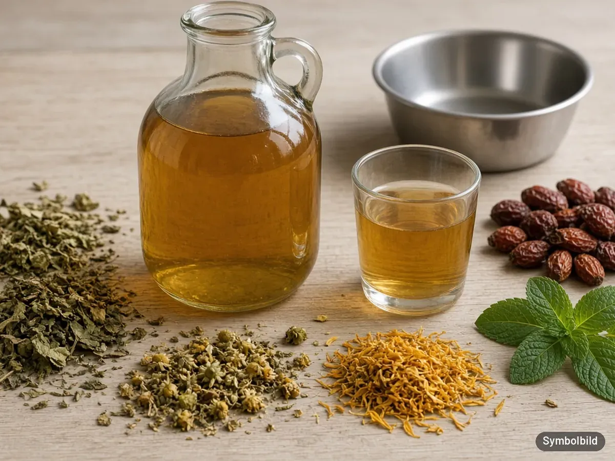 Symbolbild: Glaskrug mit goldbraunem Kräutersud, Kamille, Ringelblume, Pfefferminze und Hagebutten neben einem Hundenapf – nicht die Originalverpackung des Tierliebhaber Balance Kräutersafts