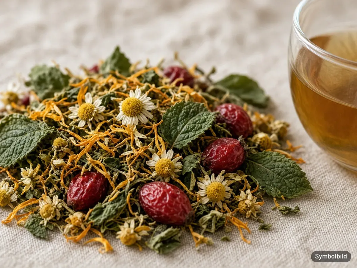 Symbolbild: Nahaufnahme getrockneter Kamille, Ringelblume, Minze und Hagebutten mit einem Glas Kräutersud – nicht das Originalprodukt