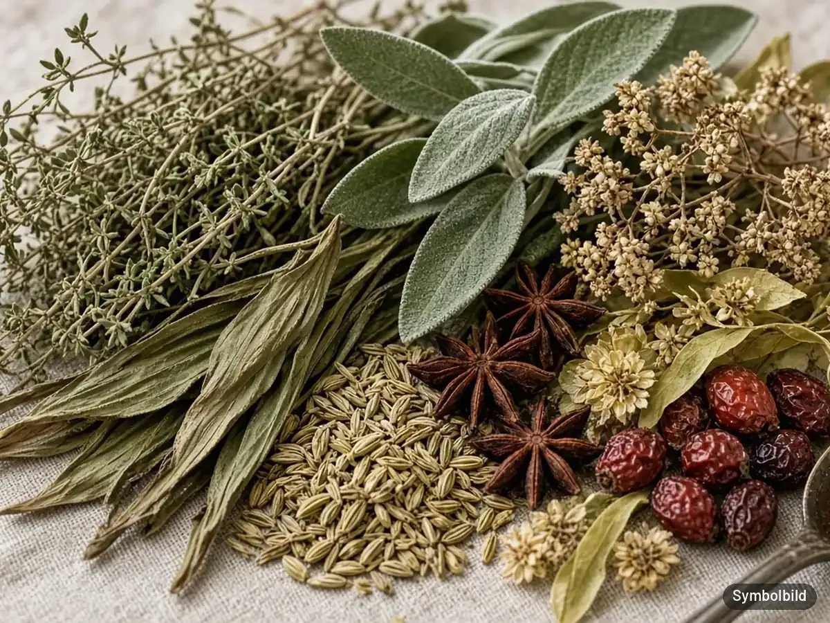 Symbolbild: Nahaufnahme getrockneter Kräuter wie Thymian, Salbei, Fenchel und Hagebutte mit einem Löffel Kräutersud – nicht das Originalprodukt