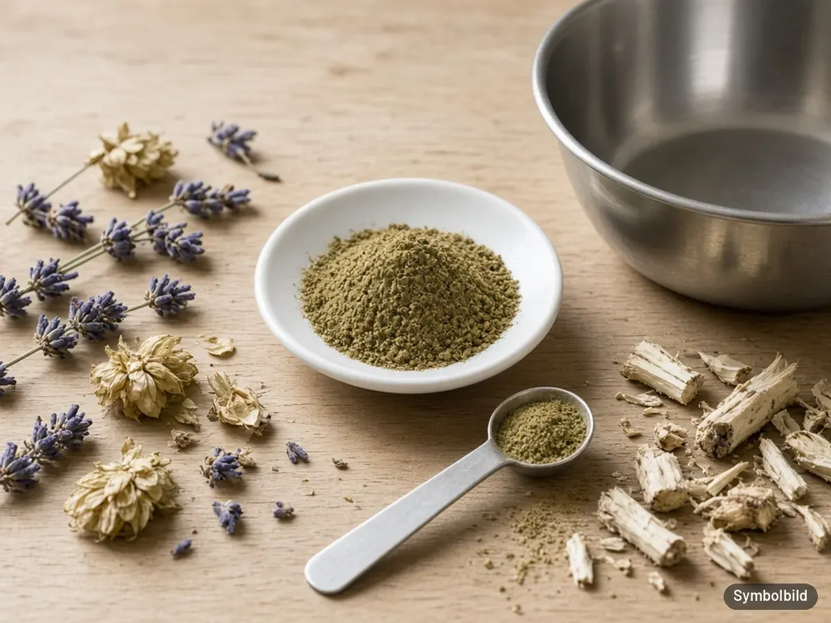 Symbolbild: Schälchen und Messlöffel mit Kräuterpulver neben Hundenapf, Lavendel, Hopfen und Baldrianwurzel – nicht die Originalverpackung des Tierliebhaber Chillout Pulvers