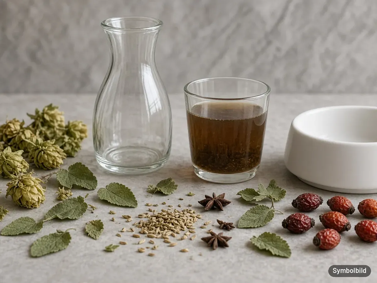 Symbolbild: Glas mit Kräutersud neben Hundenapf, Hopfen, Fenchel, Melisse und Hagebutten – nicht die Originalverpackung des Tierliebhaber Chillout Safts für Hunde