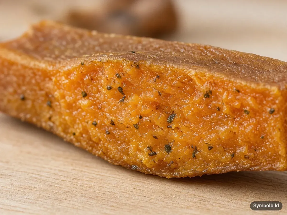 Symbolbild: Nahaufnahme eines weichen, orange-braunen Kausticks mit Kräuterpünktchen – nicht das Originalprodukt