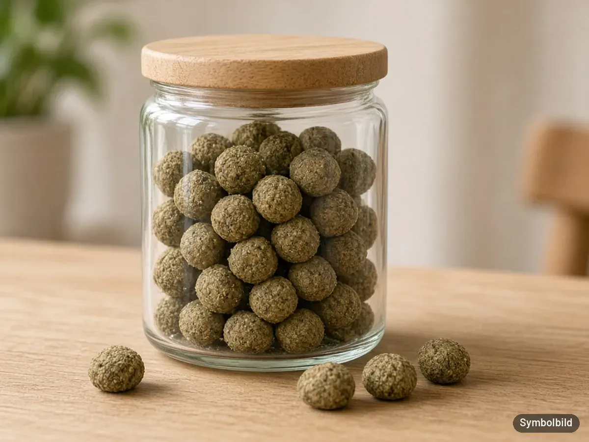 Symbolbild: unbeschriftetes Glas mit kleinen Kräuter-Snacks für Hunde – nicht die Originalverpackung des Tierliebhaber W-Snacks