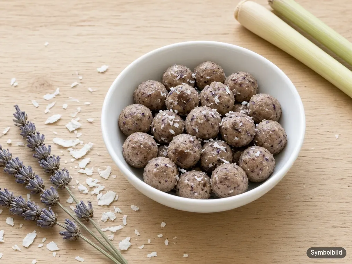 Symbolbild: Napf mit runden Hundesnacks neben Lavendel, Kokosraspeln und Zitronengras – nicht die Originalverpackung des Tierliebhaber Z-Snacks