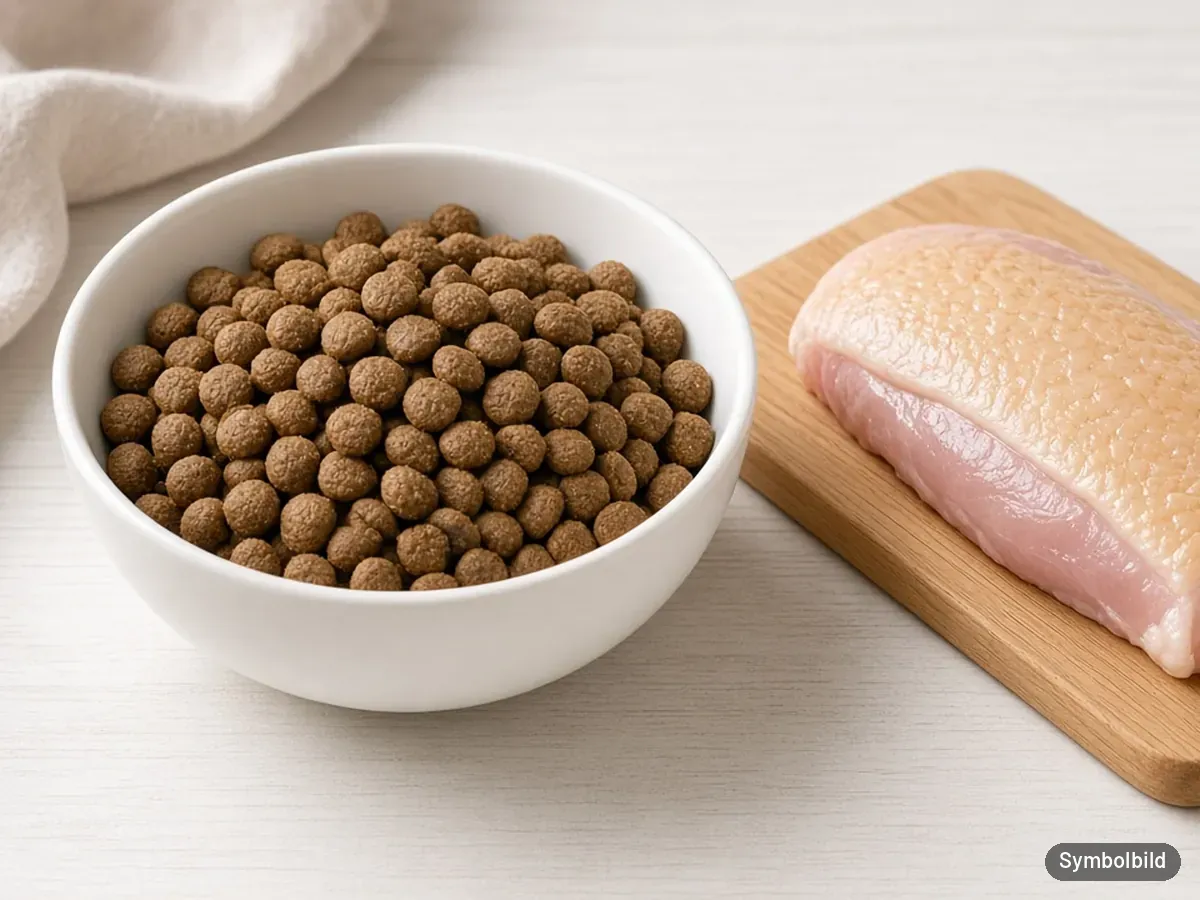 Trockenfutter-Kroketten im weißen Napf, daneben rohes Entenfleisch – Symbolbild zum Test Wolfsblut Wild Duck Adult