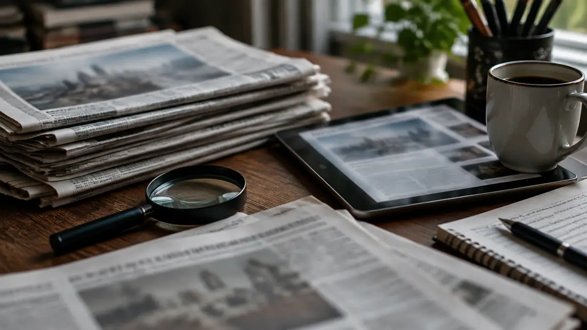 Schreibtisch mit Zeitungen, Tablet und Lupe bei der Recherche