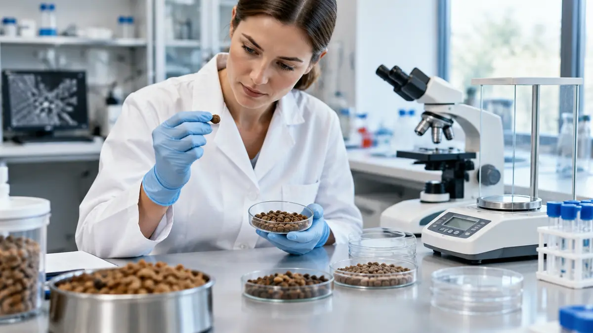 Labortechnikerin prüft eine Probe Hundefutter im Qualitätslabor
