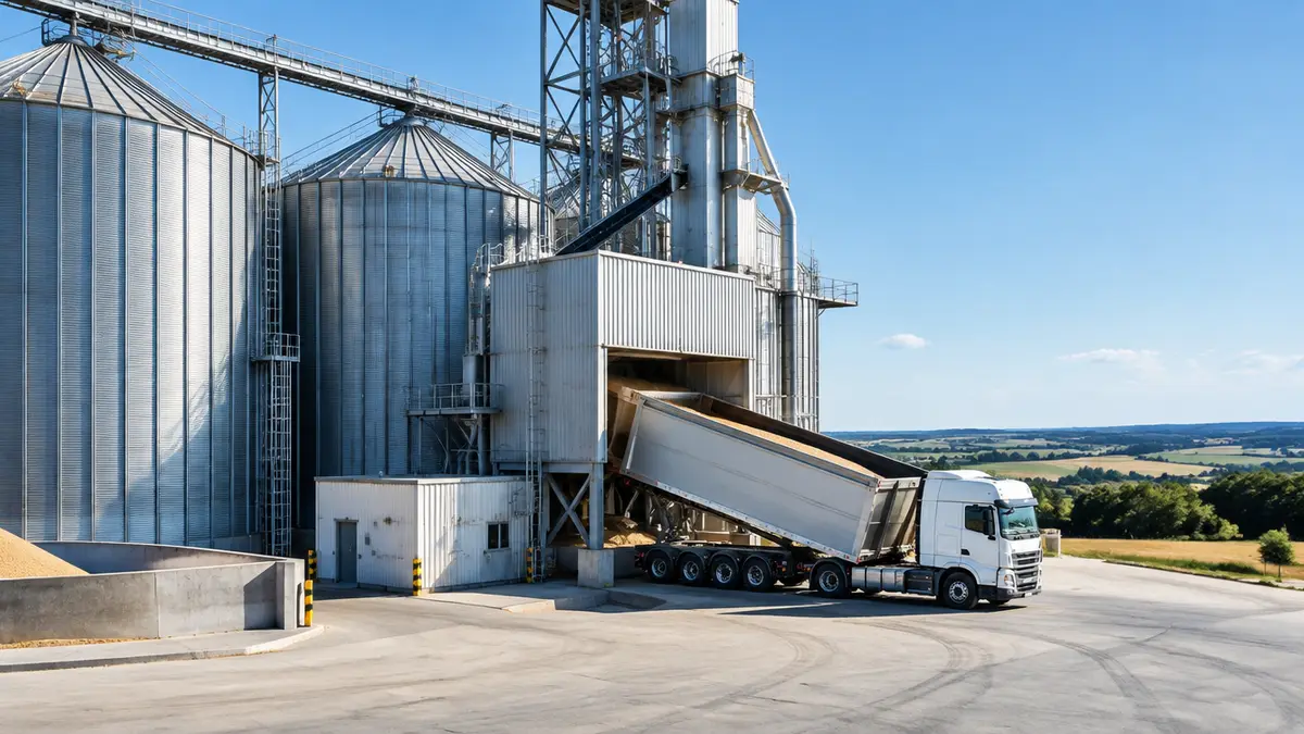 Getreidesilos und Lkw bei der Rohstoffanlieferung an einem Futtermittelwerk
