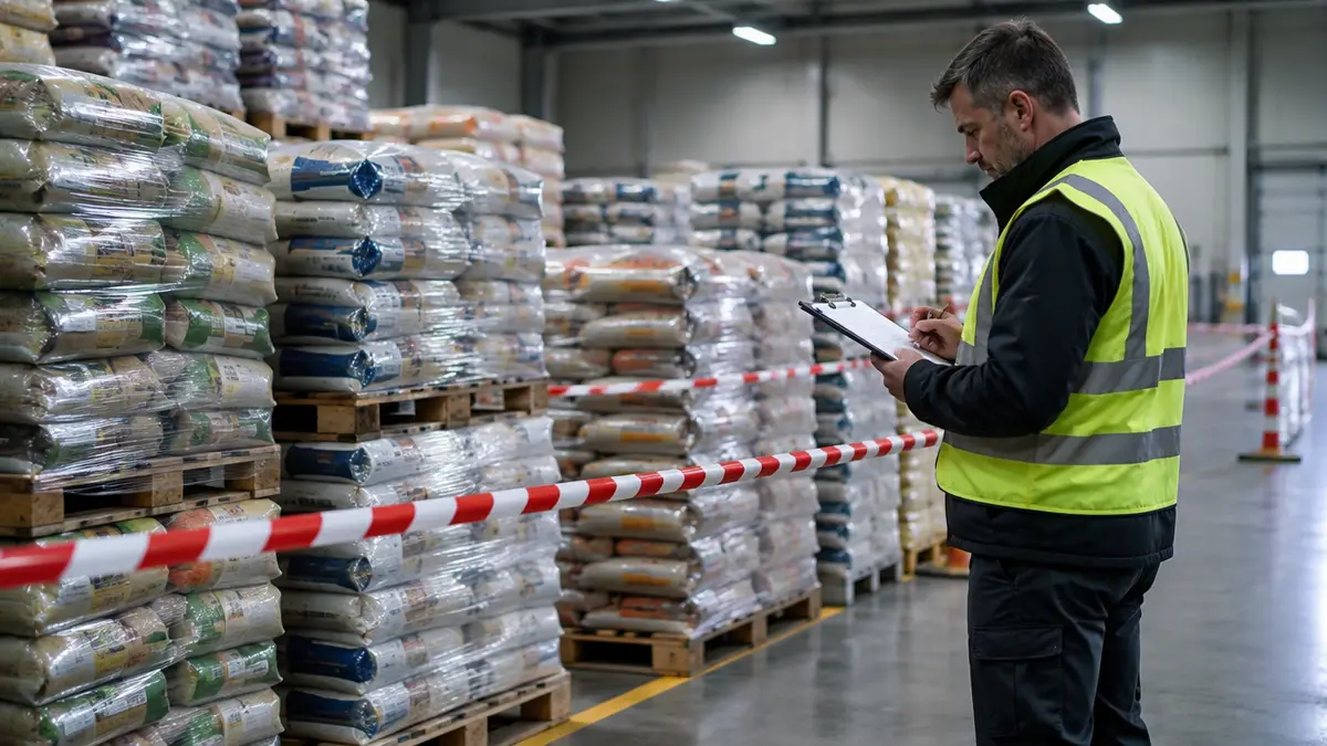 Lagerhalle mit abgesperrten Paletten voller Futtersäcke bei einem Produktrückruf