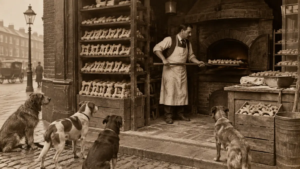 Historische Bäckerei im 19. Jahrhundert mit Hundekuchen auf Holzregalen