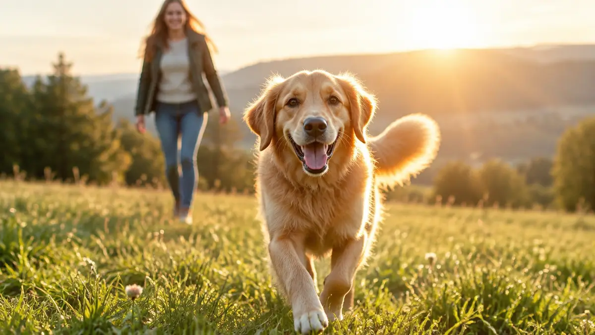 Glücklicher gesunder Hund läuft über eine sonnige Wiese