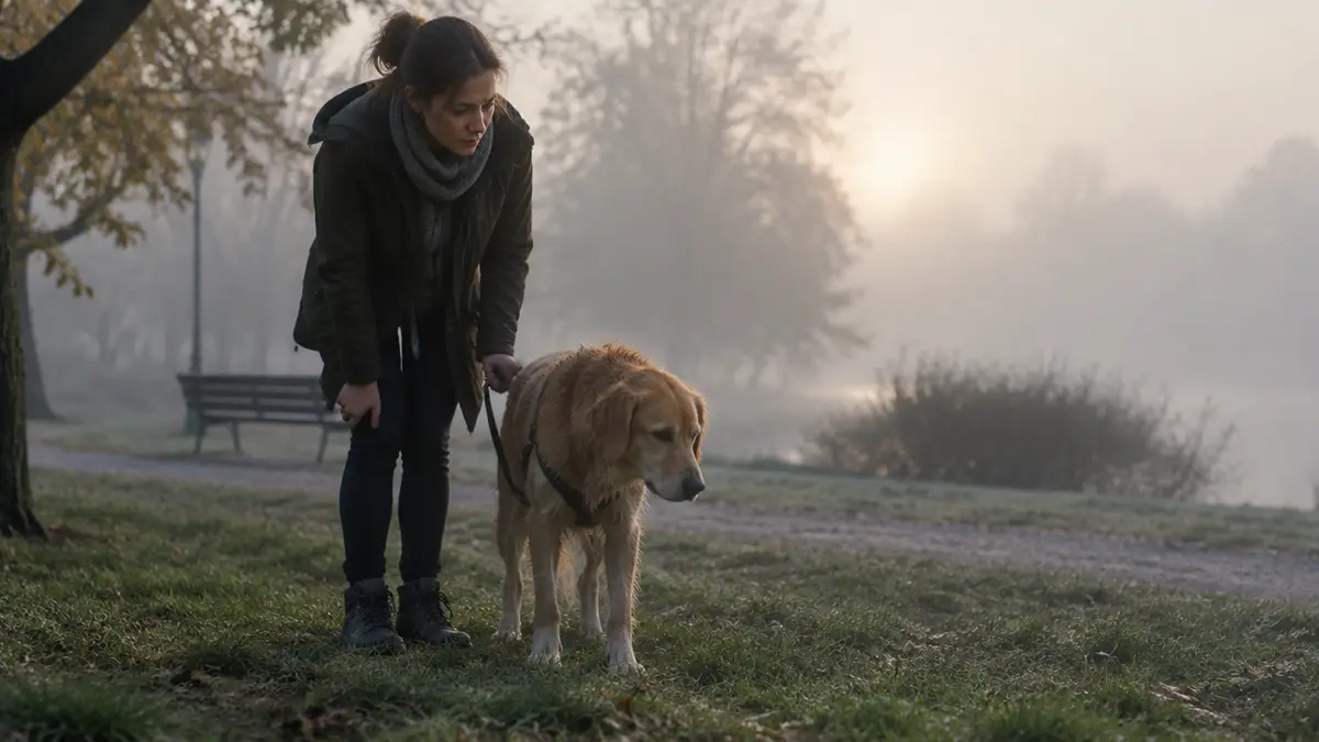 Besorgte Halterin beobachtet ihren Hund beim Morgenspaziergang