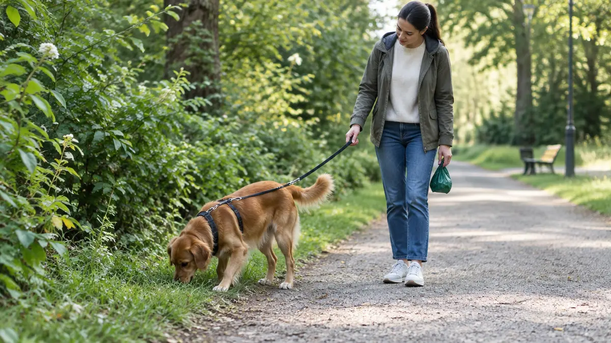 Hund an der Leine wird beim Spaziergang aufmerksam von seiner Halterin geführt