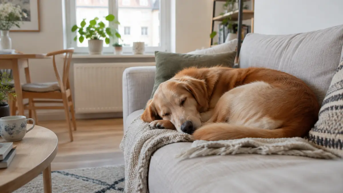 Hund schläft entspannt auf dem Sofa in der Stadtwohnung
