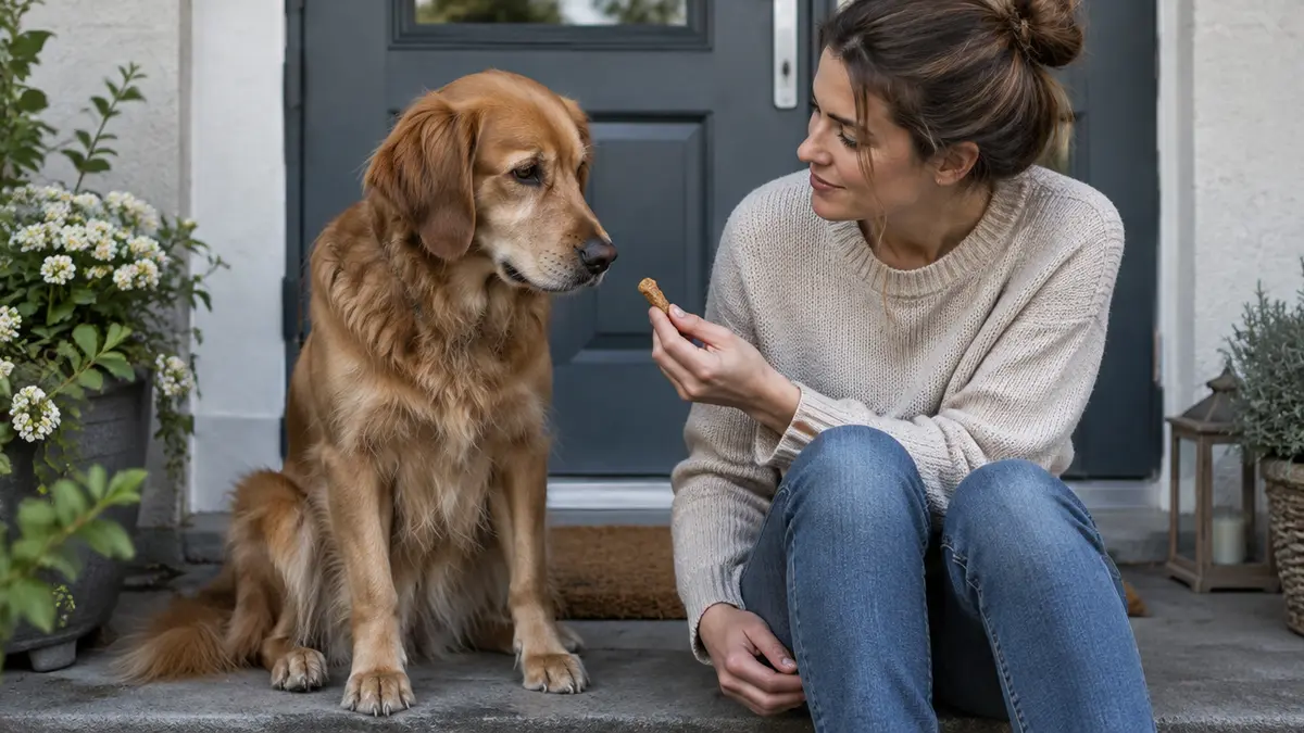 Hund sitzt gelassen vor der Haustür