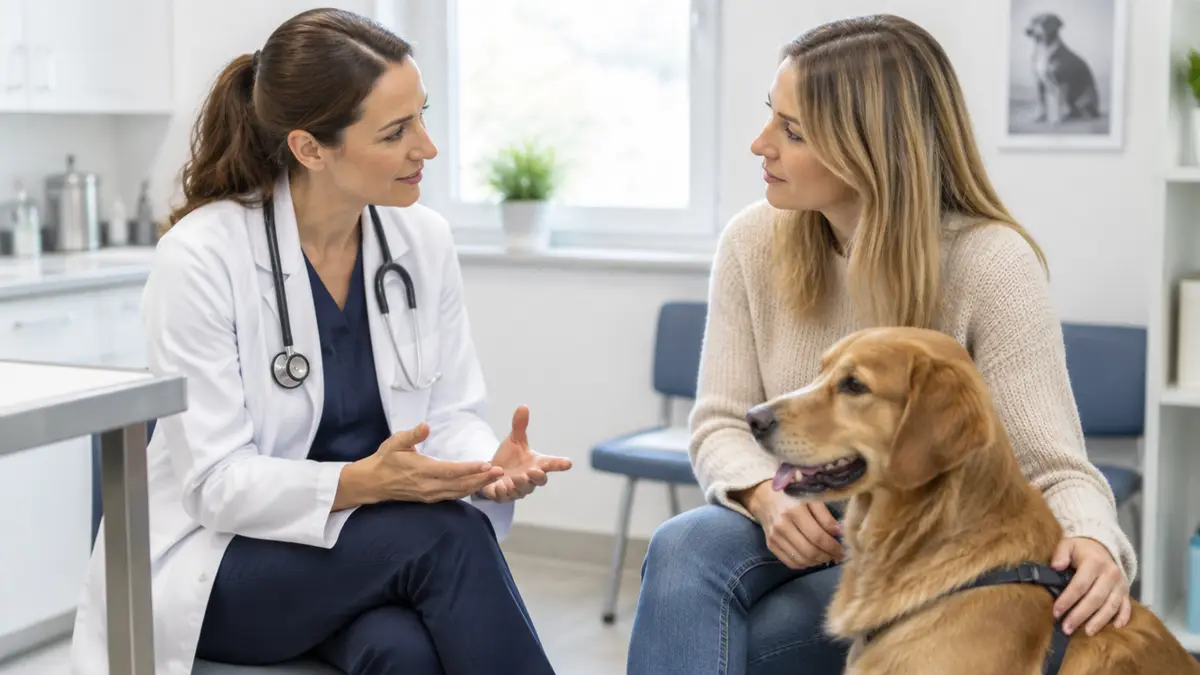 Tierärztin berät eine Hundehalterin in der Praxis