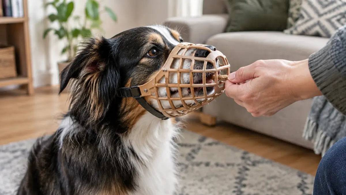 Hund bekommt beim Maulkorbtraining ein Leckerli durch den Korb
