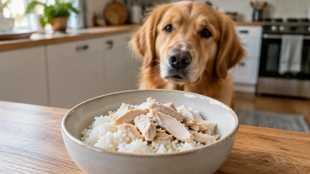 Schonkost mit Reis und gekochtem Hähnchen in einer Schale für den Hund