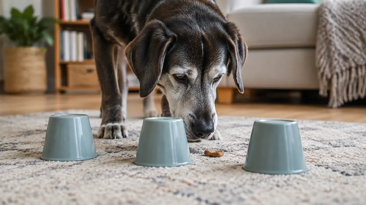 Alter Hund sucht ein Leckerli unter Bechern